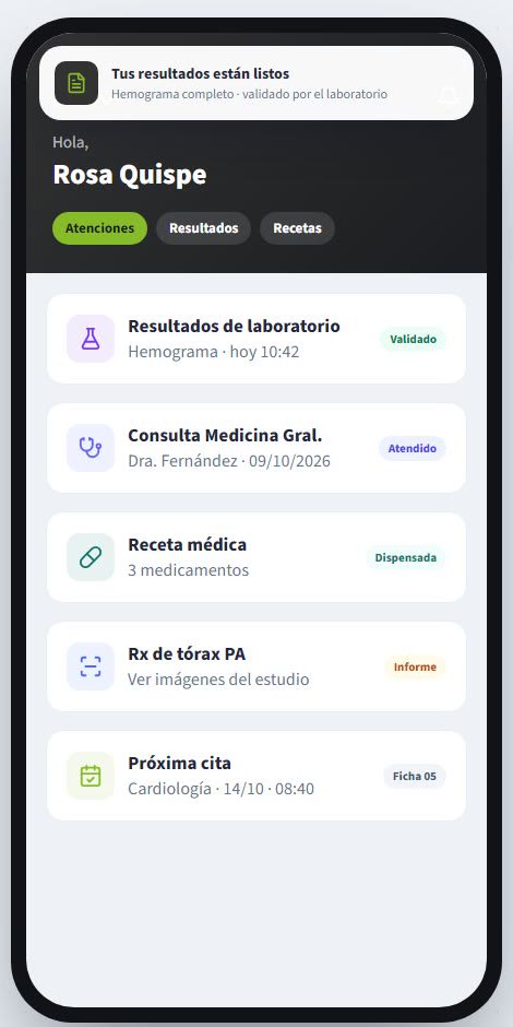 Aplicación del paciente con resultados, recetas y próxima cita